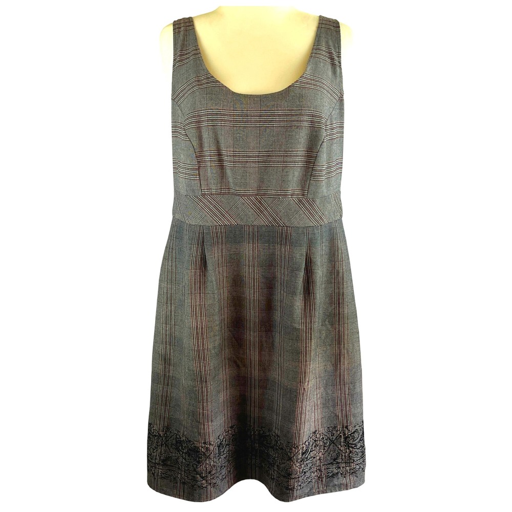 Elementz Women's Plaid Babydoll Dress 1X Sleeveless Embroidered Dark Academia